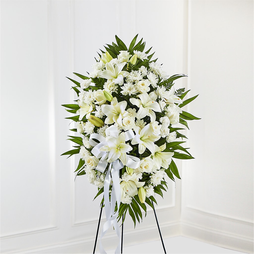 Exquisite Tribute Standing Spray-White Ribbon – Vons Pavilions, Pleasanton CA