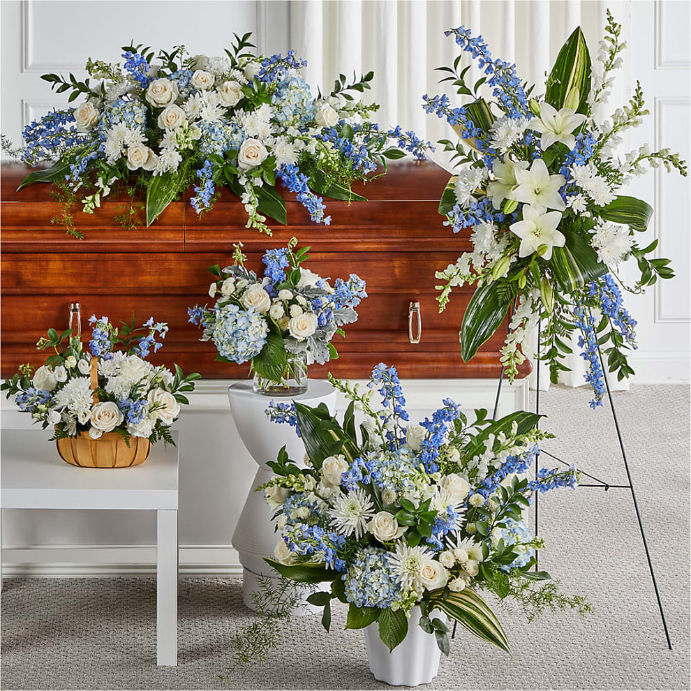 Blessings of Memory Bundles – blue, white flower arrangement ...