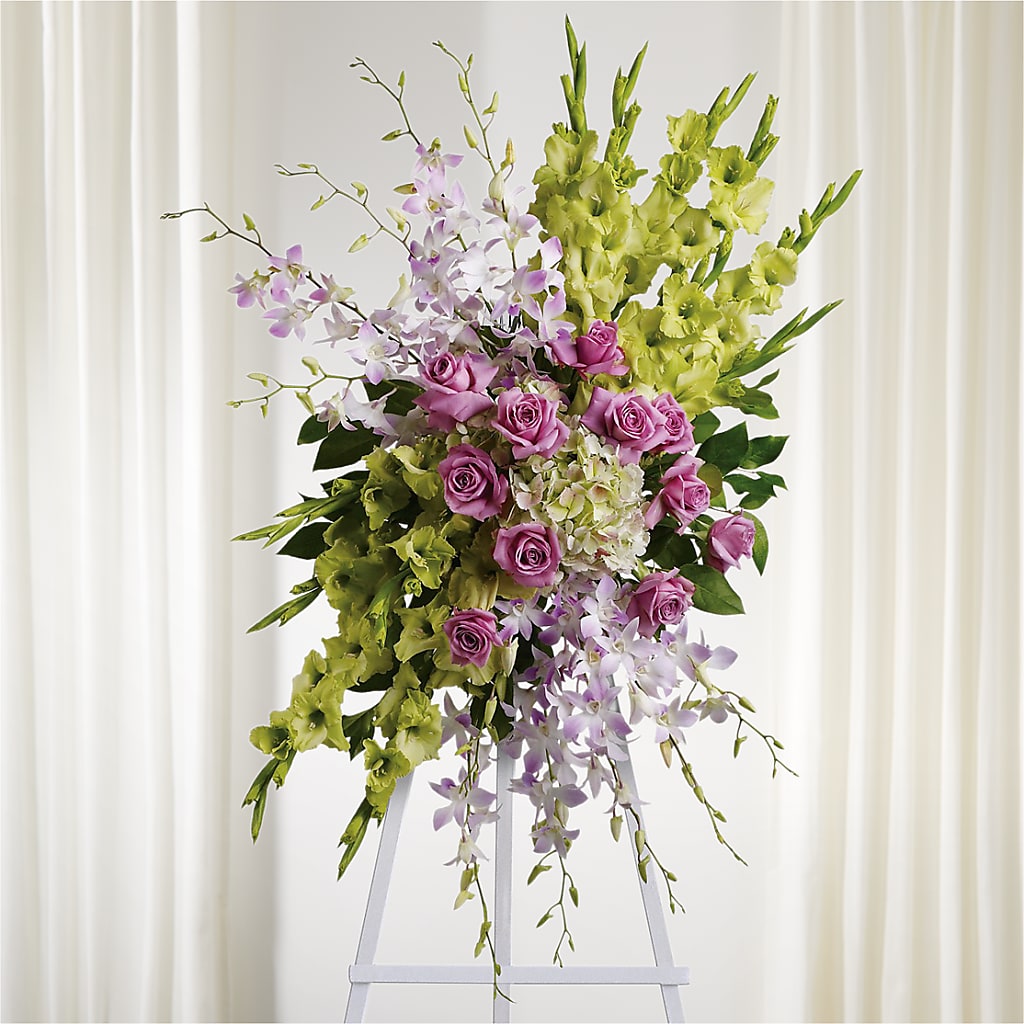 Lasting Legacy Standing Spray – green, lavender flower arrangement