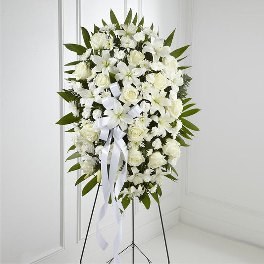 Exquisite Tribute Standing Spray-White Ribbon –  Vons Pavilions, Pleasanton CA
