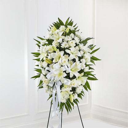 Exquisite Tribute Standing Spray-White Ribbon –  Vons Pavilions, Pleasanton CA